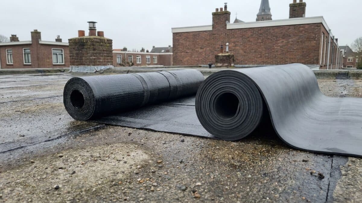 Rol bitumen en een rol EPDM-rubber op een plat dakvlak