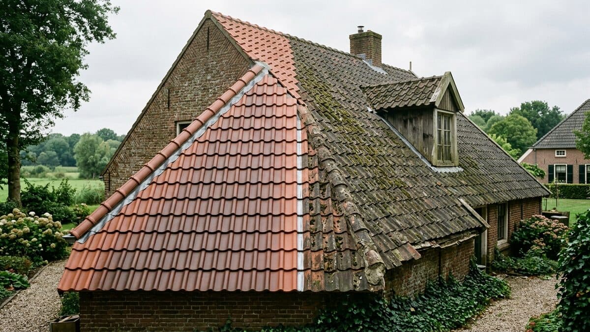 Half gerenoveerd pannendak: schone nieuwe pannen naast verweerde oude