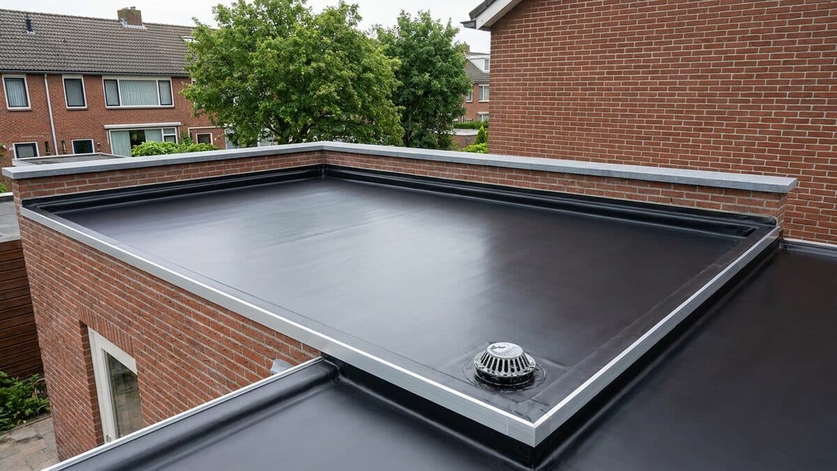Afgewerkt plat dak met zwarte EPDM, daktrim en een ronde afvoer